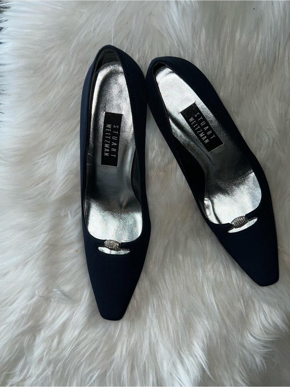 Stuart Weitzman Navy Pointed Toe Low Block Heel Pumps with Silver Accent